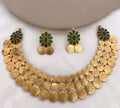 Jewel City Traditional Lakshmi Coin Necklace Set with Emerald Green Stones - Antique Gold Temple Jewelry for Indian Weddings and Festivals | Grocsy