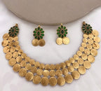 Jewel City Traditional Lakshmi Coin Necklace Set with Emerald Green Stones - Antique Gold Temple Jewelry for Indian Weddings and Festivals | Grocsy
