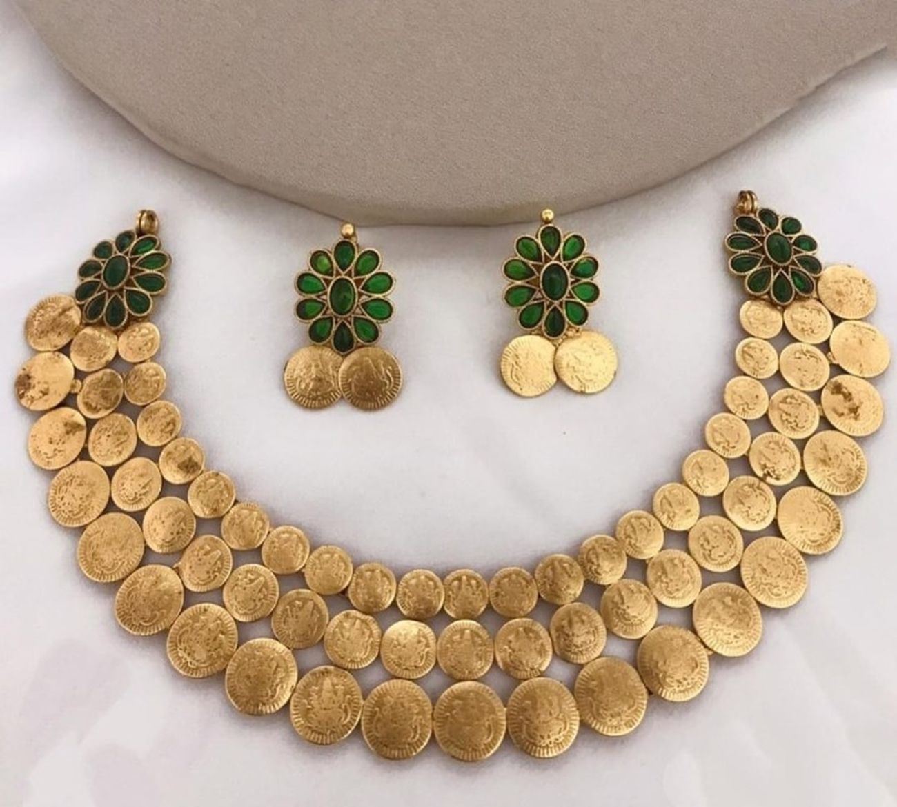 Jewel City Traditional Lakshmi Coin Necklace Set with Emerald Green Stones - Antique Gold Temple Jewelry for Indian Weddings and Festivals | Grocsy