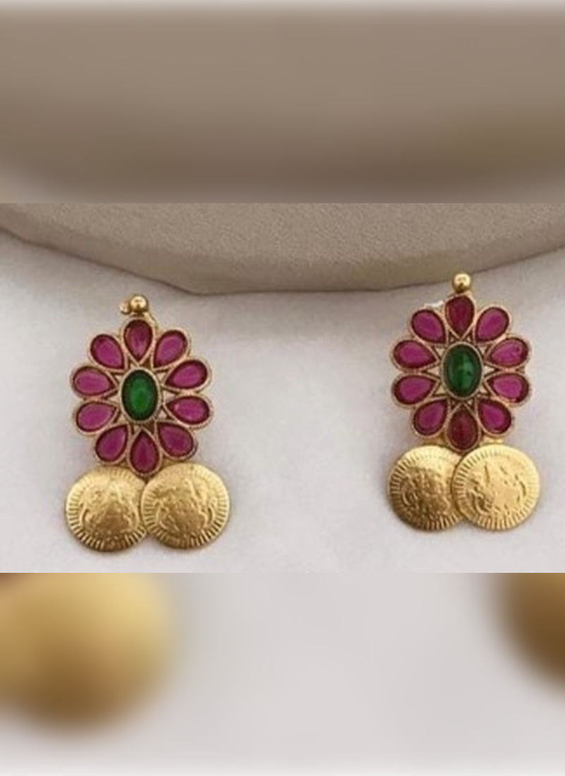 Jewel City Traditional Lakshmi Coin Necklace Set with Red Green Stones - Antique Gold Temple Jewelry for Indian Weddings and Festivals | Grocsy