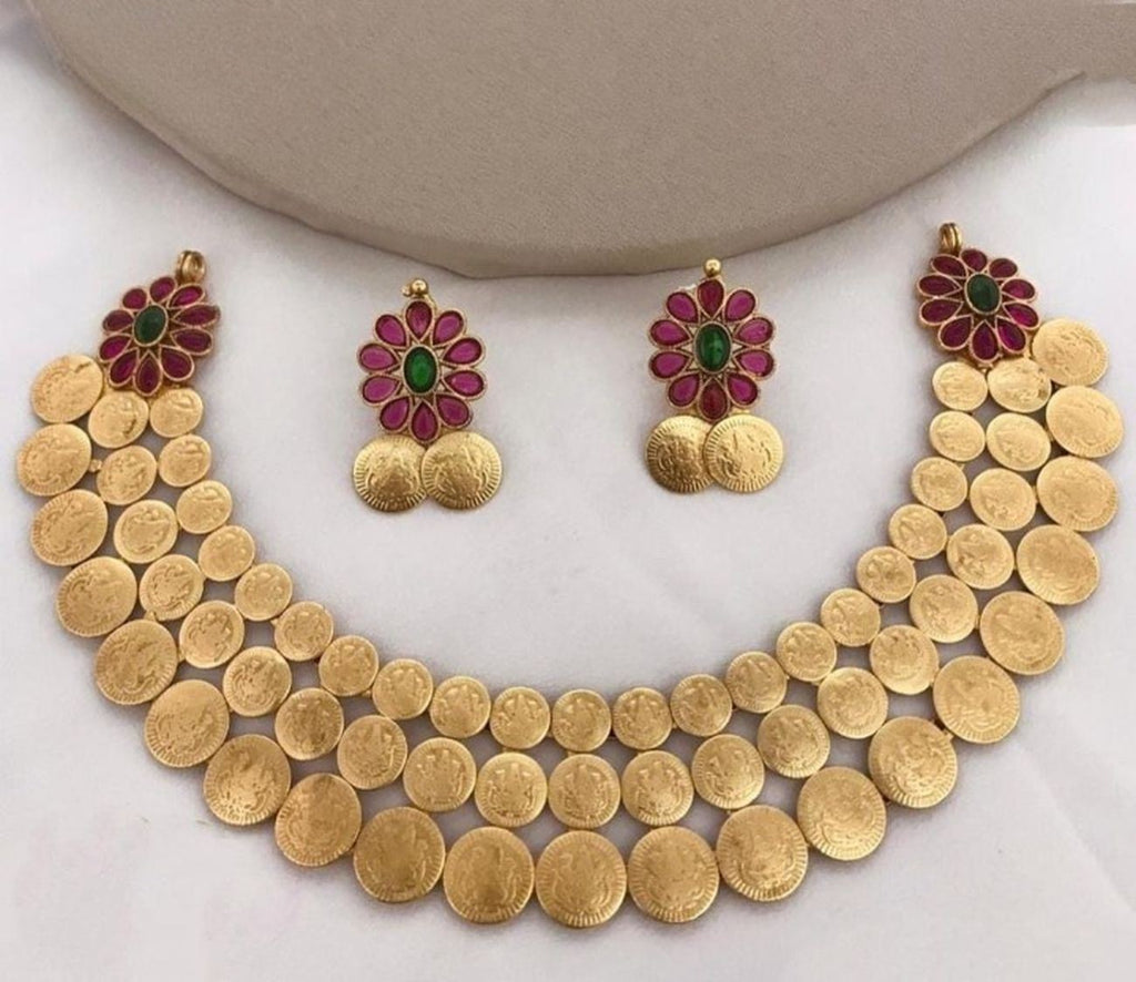 Jewel City Traditional Lakshmi Coin Necklace Set with Red Green Stones - Antique Gold Temple Jewelry for Indian Weddings and Festivals | Grocsy