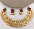 Jewel City Traditional Lakshmi Coin Necklace Set with Red Green Stones - Antique Gold Temple Jewelry for Indian Weddings and Festivals | Grocsy