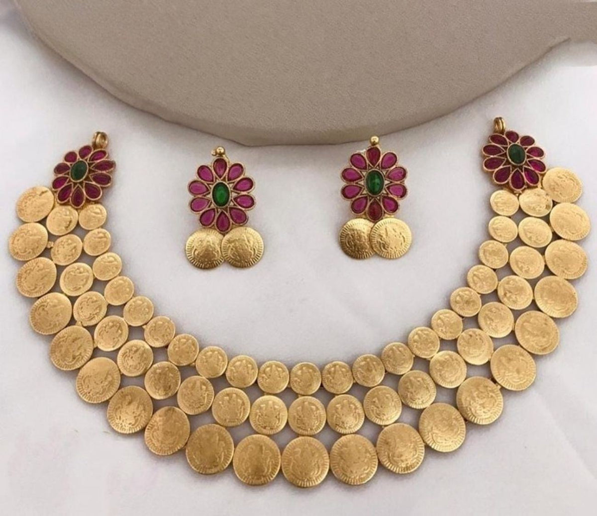 Jewel City Traditional Lakshmi Coin Necklace Set with Red Green Stones - Antique Gold Temple Jewelry for Indian Weddings and Festivals | Grocsy