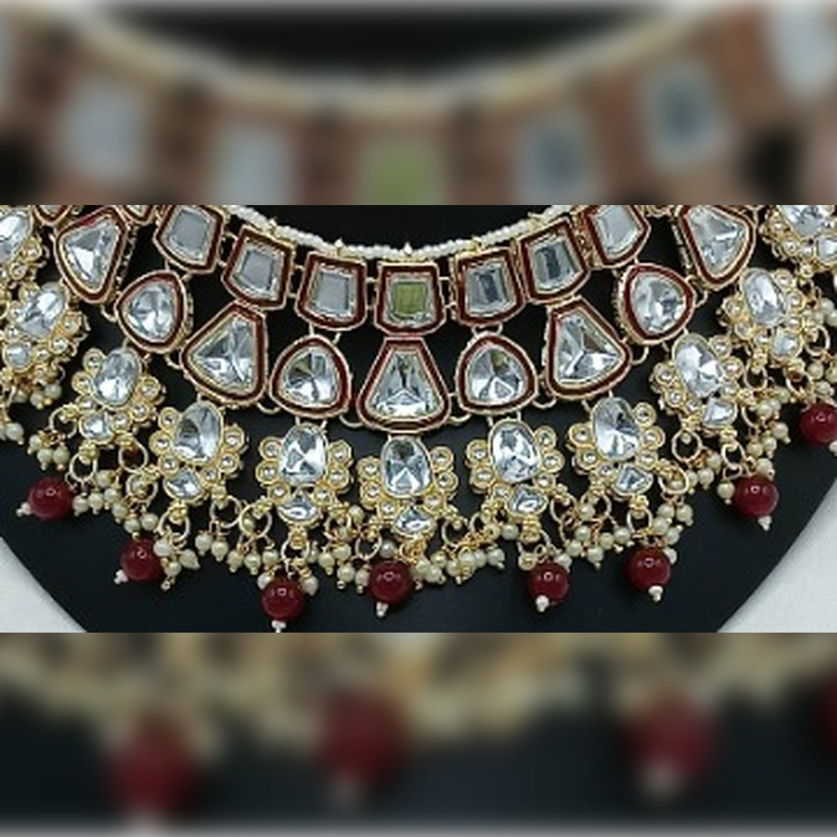Jewel City Royal Kundan Bridal Jewelry Set - Maroon & Crystal Choker with Earrings & Maang Tikka | Grocsy