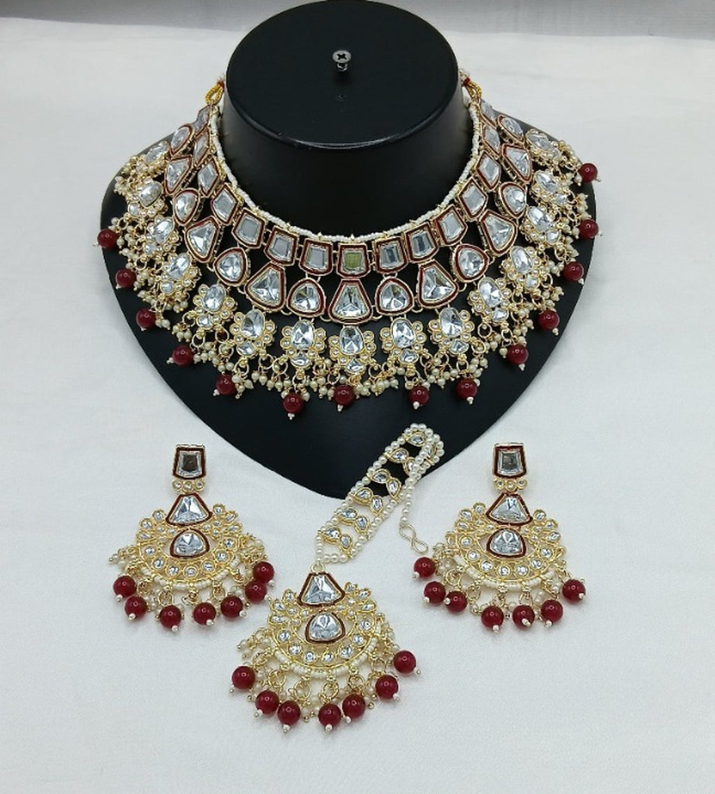 Jewel City Royal Kundan Bridal Jewelry Set - Maroon & Crystal Choker with Earrings & Maang Tikka | Grocsy