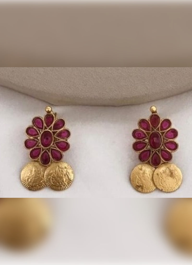 Jewel City Traditional Lakshmi Coin Necklace Set with Vibrant Red Stones - Antique Gold Temple Jewelry for Indian Weddings and Festivals | Grocsy