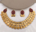 Jewel City Traditional Lakshmi Coin Necklace Set with Vibrant Red Stones - Antique Gold Temple Jewelry for Indian Weddings and Festivals | Grocsy