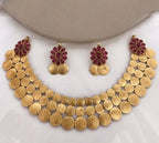 Jewel City Traditional Lakshmi Coin Necklace Set with Vibrant Red Stones - Antique Gold Temple Jewelry for Indian Weddings and Festivals | Grocsy