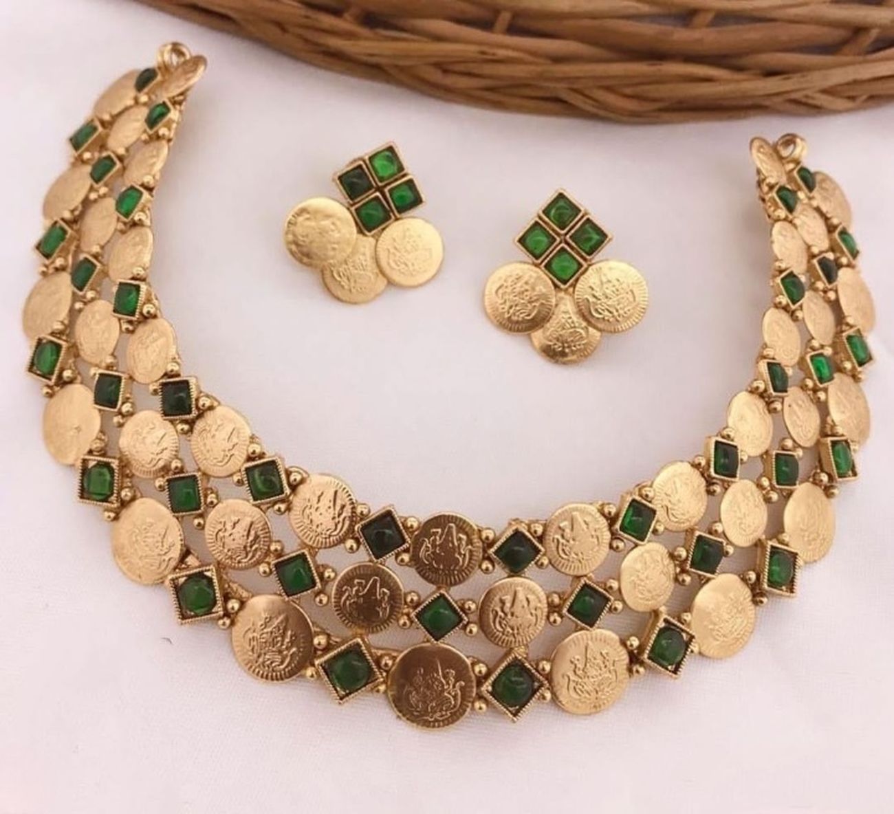 Jewel City Luxurious Temple Coin Necklace Set with Emerald Green Stones - Traditional South Indian Goddess Lakshmi Design Wedding Jewelry Collection | Grocsy