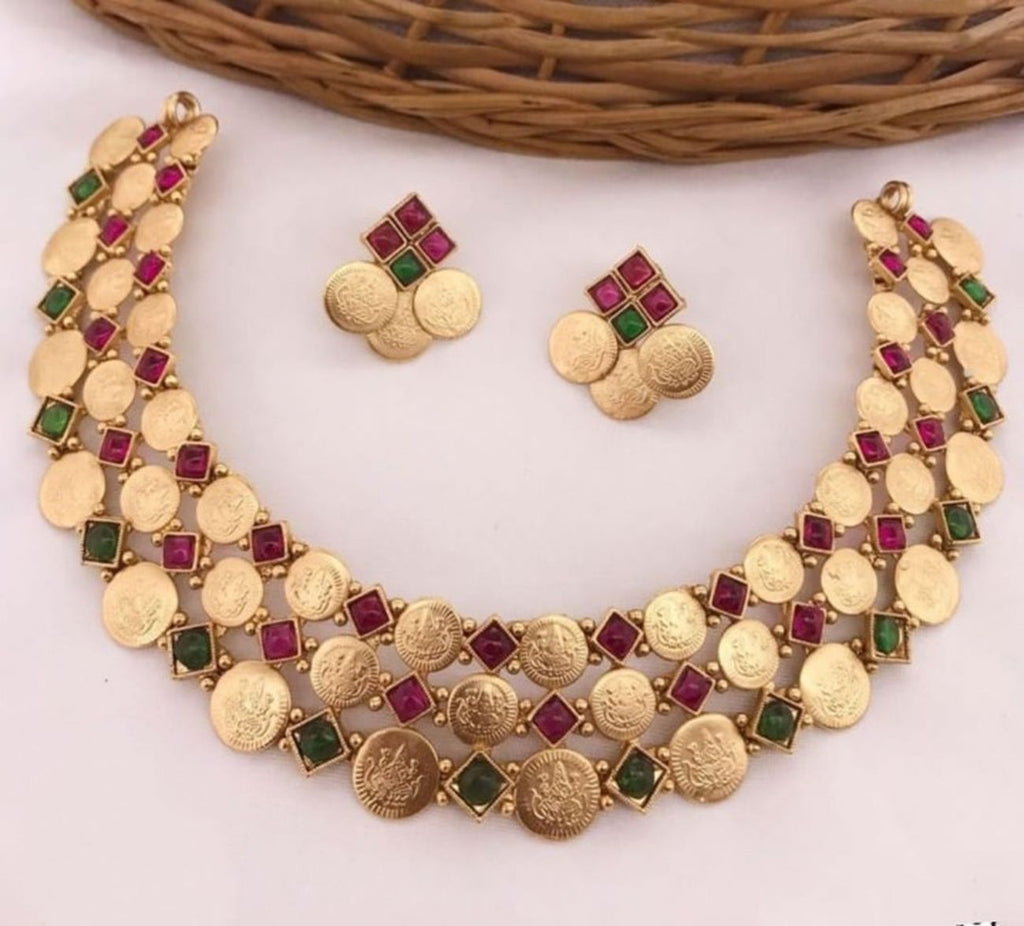 Jewel City Luxurious Temple Coin Necklace Set with Red Green Stones - Traditional South Indian Goddess Lakshmi Design Wedding Jewelry Collection | Grocsy