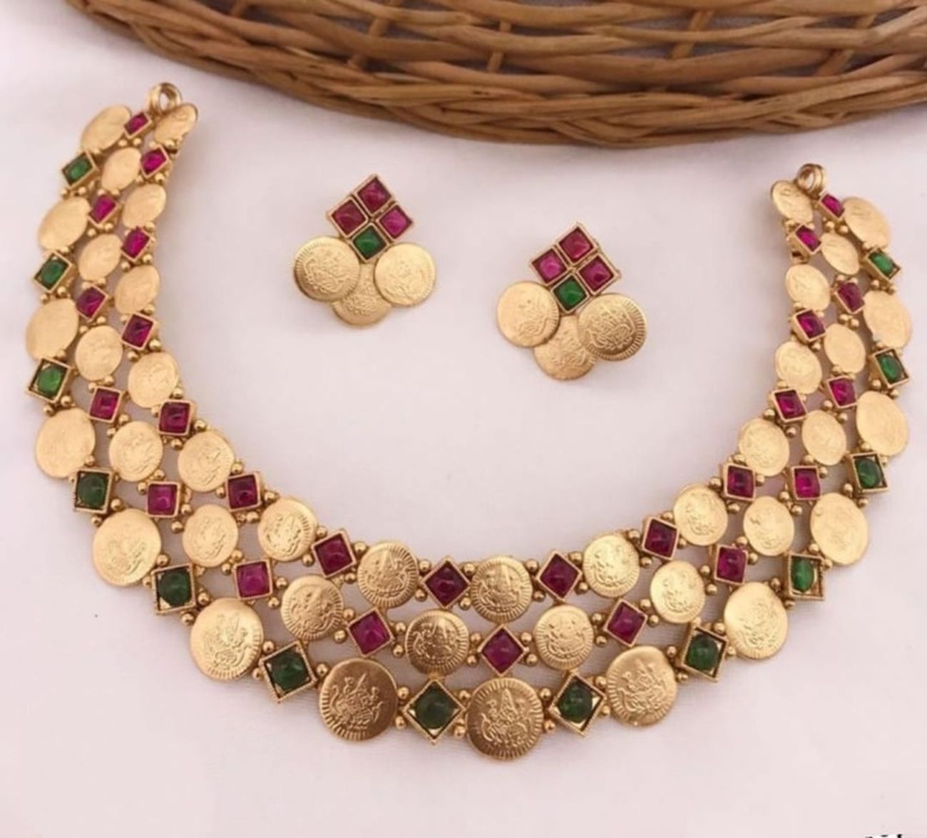 Jewel City Luxurious Temple Coin Necklace Set with Red Green Stones - Traditional South Indian Goddess Lakshmi Design Wedding Jewelry Collection | Grocsy
