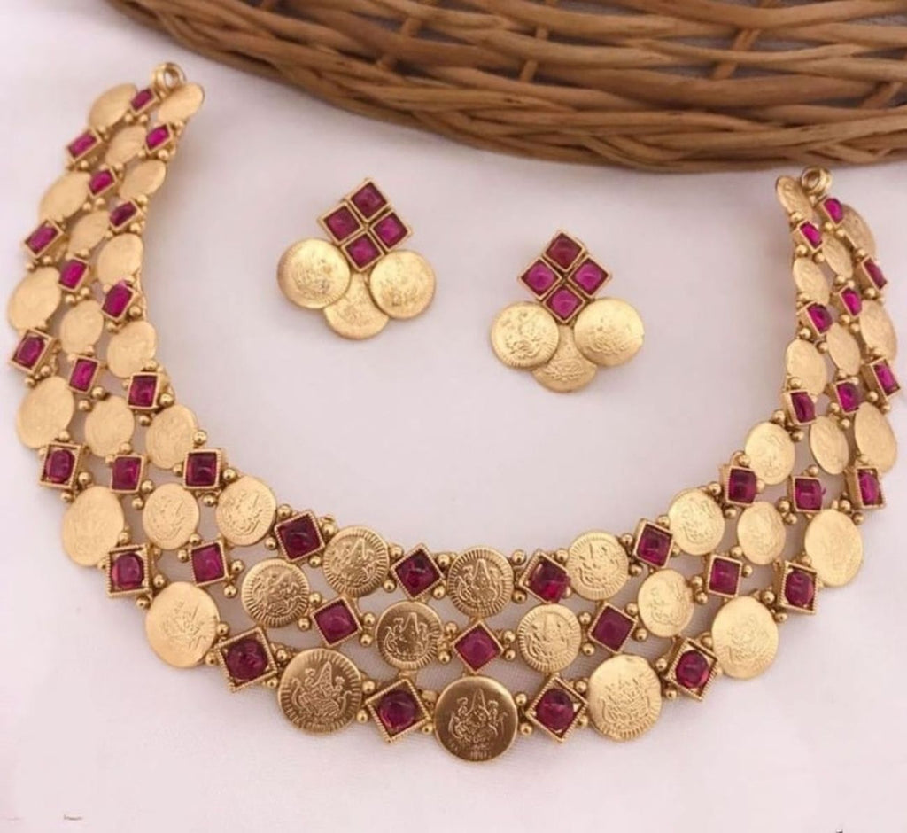 Jewel City Luxurious Temple Coin Necklace Set with Red Stones - Traditional South Indian Goddess Lakshmi Design Wedding Jewelry Collection | Grocsy