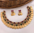Jewel City Antique Gold Temple Coin Necklace Set with Ruby & Emerald Stones - Traditional South Indian Multi-Row Bridal Jewelry Collection | Grocsy