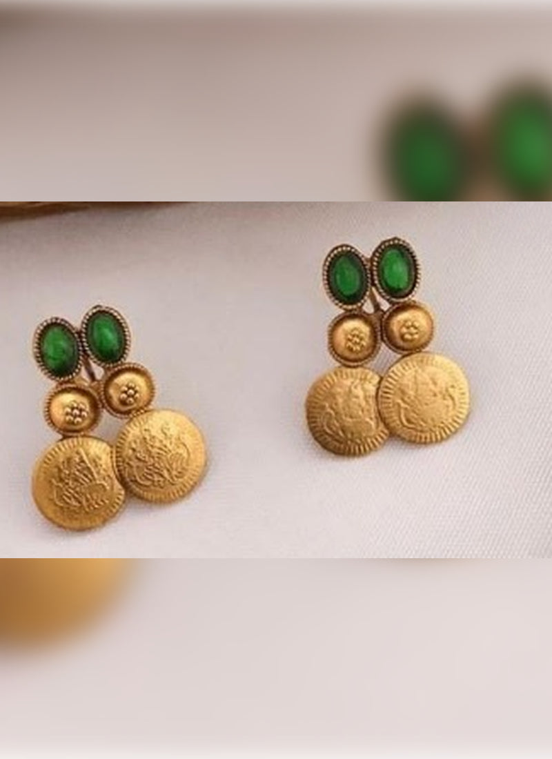 Jewel City Antique Gold Temple Coin Necklace Set with Emerald Green Stones - Traditional South Indian Multi-Row Bridal Jewelry Collection | Grocsy