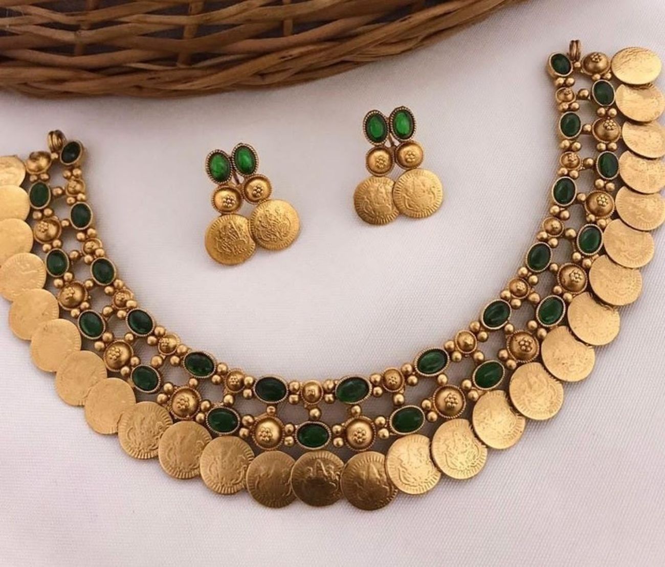 Jewel City Antique Gold Temple Coin Necklace Set with Emerald Green Stones - Traditional South Indian Multi-Row Bridal Jewelry Collection | Grocsy