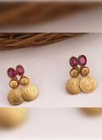 Jewel City Antique Gold Temple Coin Necklace Set with Ruby Stones - Traditional South Indian Multi-Row Bridal Jewelry Collection | Grocsy