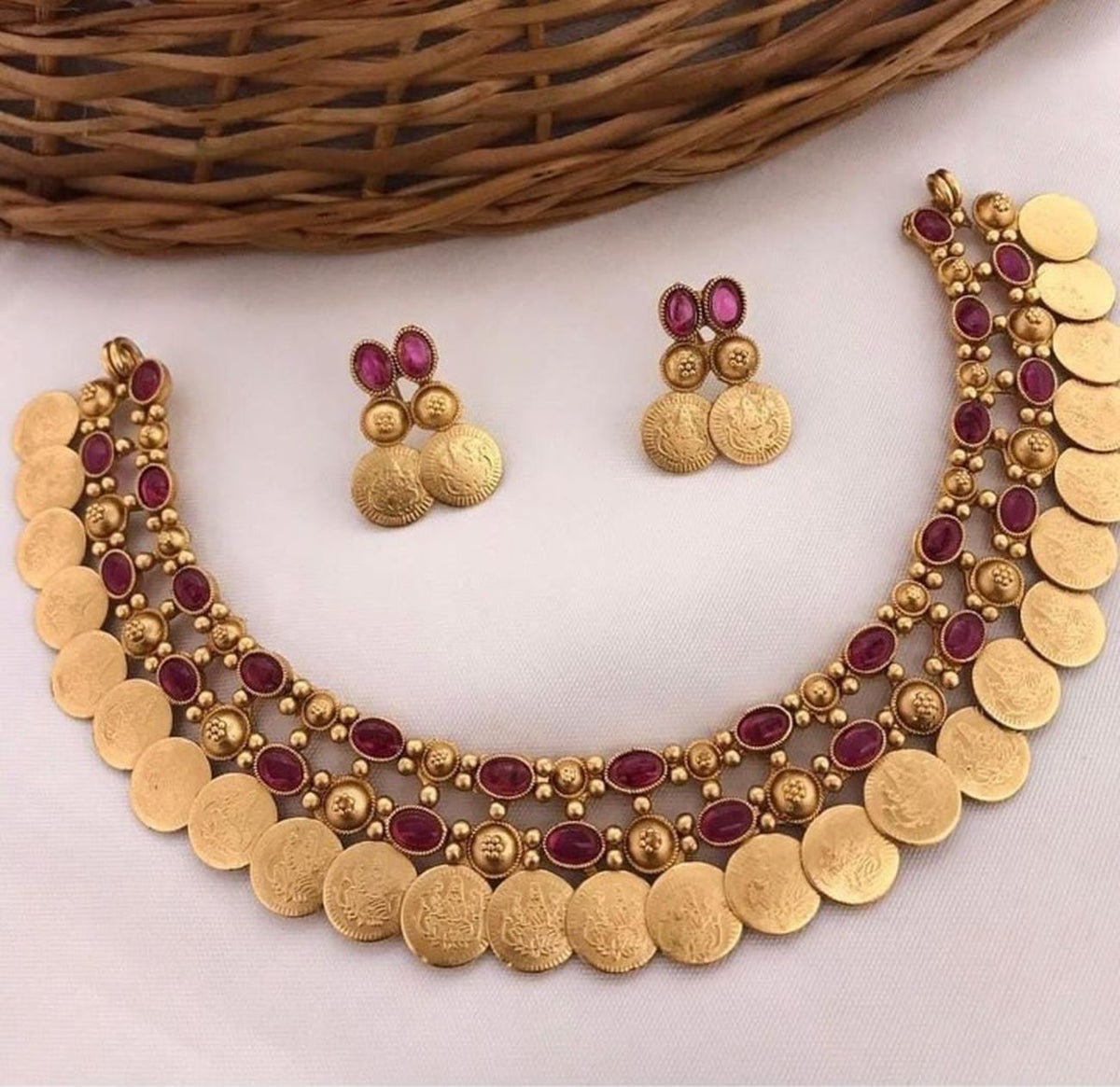 Jewel City Antique Gold Temple Coin Necklace Set with Ruby Stones - Traditional South Indian Multi-Row Bridal Jewelry Collection | Grocsy
