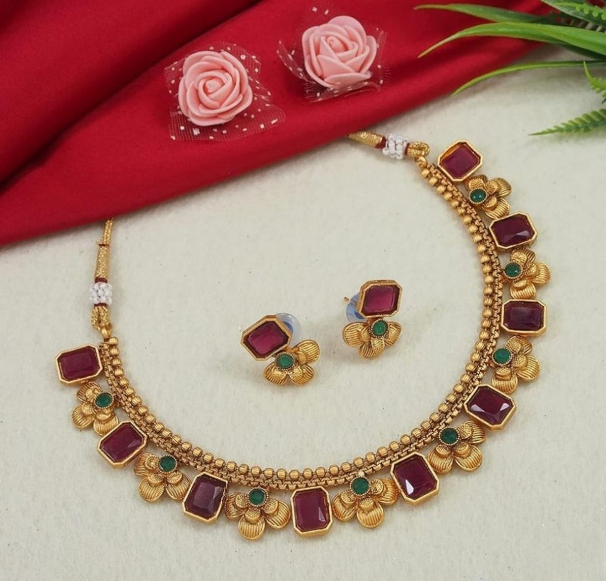 Jewel City Antique Gold Ruby Green Floral Choker Set - Adjustable Designer Necklace with Pearl Tassels - Traditional Indian Wedding Jewelry Collection | Grocsy