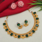 Jewel City Antique Gold Emerald Green Floral Choker Set - Adjustable Designer Necklace with Pearl Tassels | Grocsy