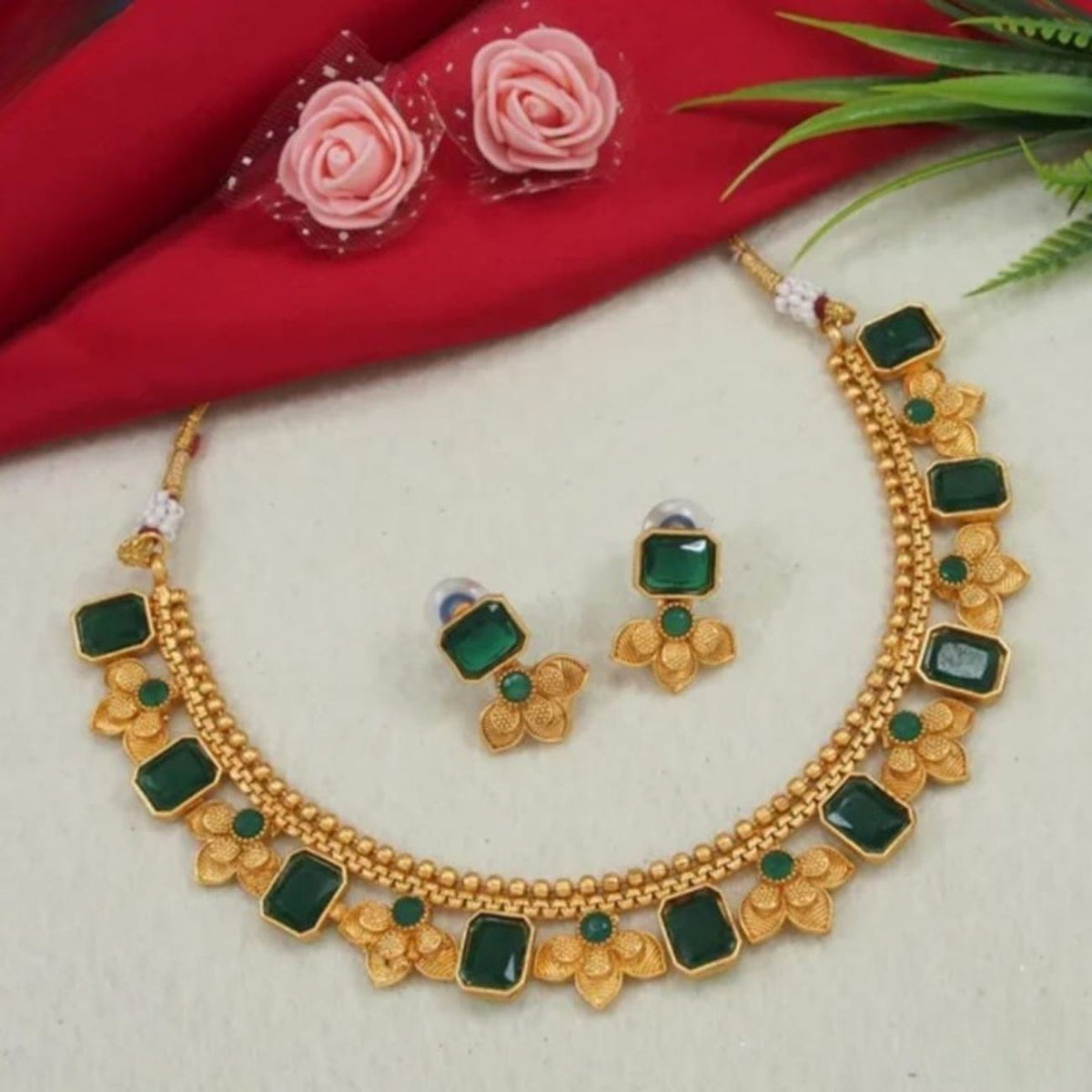Jewel City Antique Gold Emerald Green Floral Choker Set - Adjustable Designer Necklace with Pearl Tassels | Grocsy