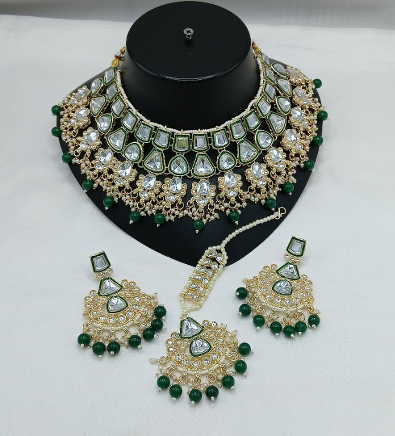 Jewel City Royal Kundan Bridal Jewelry Set -Green & Crystal Choker with Earrings & Maang Tikka | Grocsy