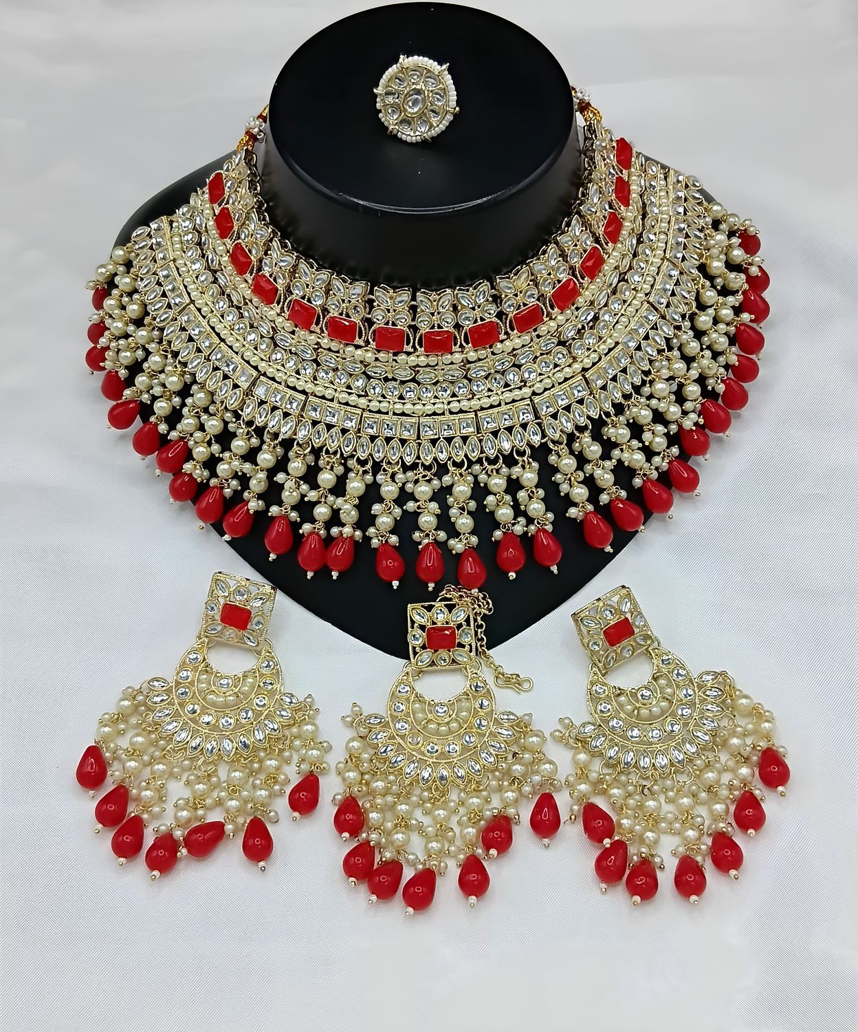 Jewel City Royal Pearl and Crystal Choker Set - Gold-Plated Wedding Jewelry with Earrings and Ring | Grocsy