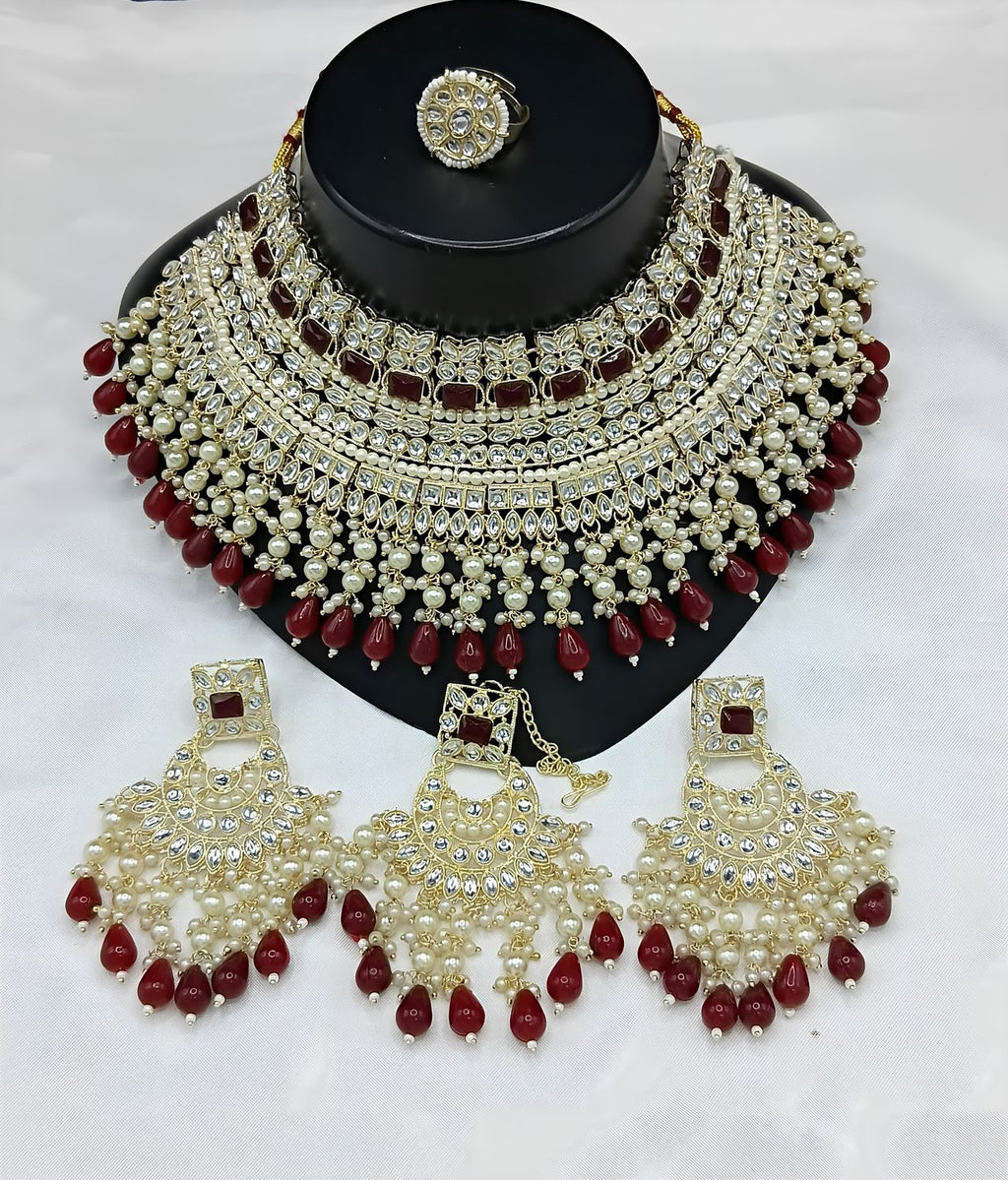Jewel City Royal Pearl and Crystal Choker Set - Gold-Plated Wedding Jewelry with Earrings and Ring | Grocsy