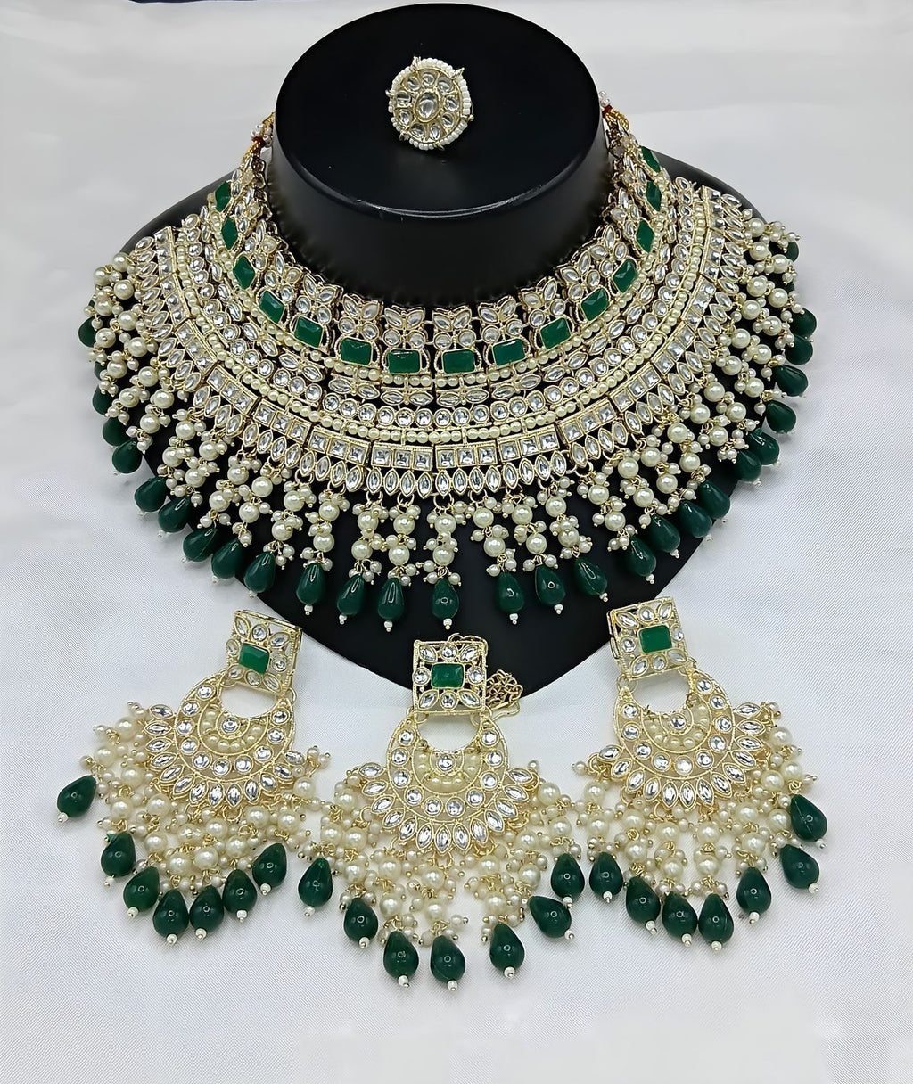 Jewel City Royal Pearl and Crystal Choker Set - Gold-Plated Wedding Jewelry with Earrings and Ring | Grocsy