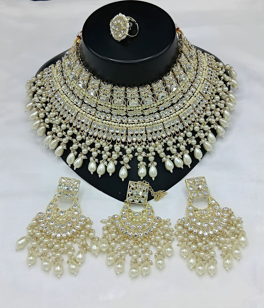 Jewel City Royal Pearl and Crystal Choker Set - Gold-Plated Wedding Jewelry with Earrings and Ring | Grocsy