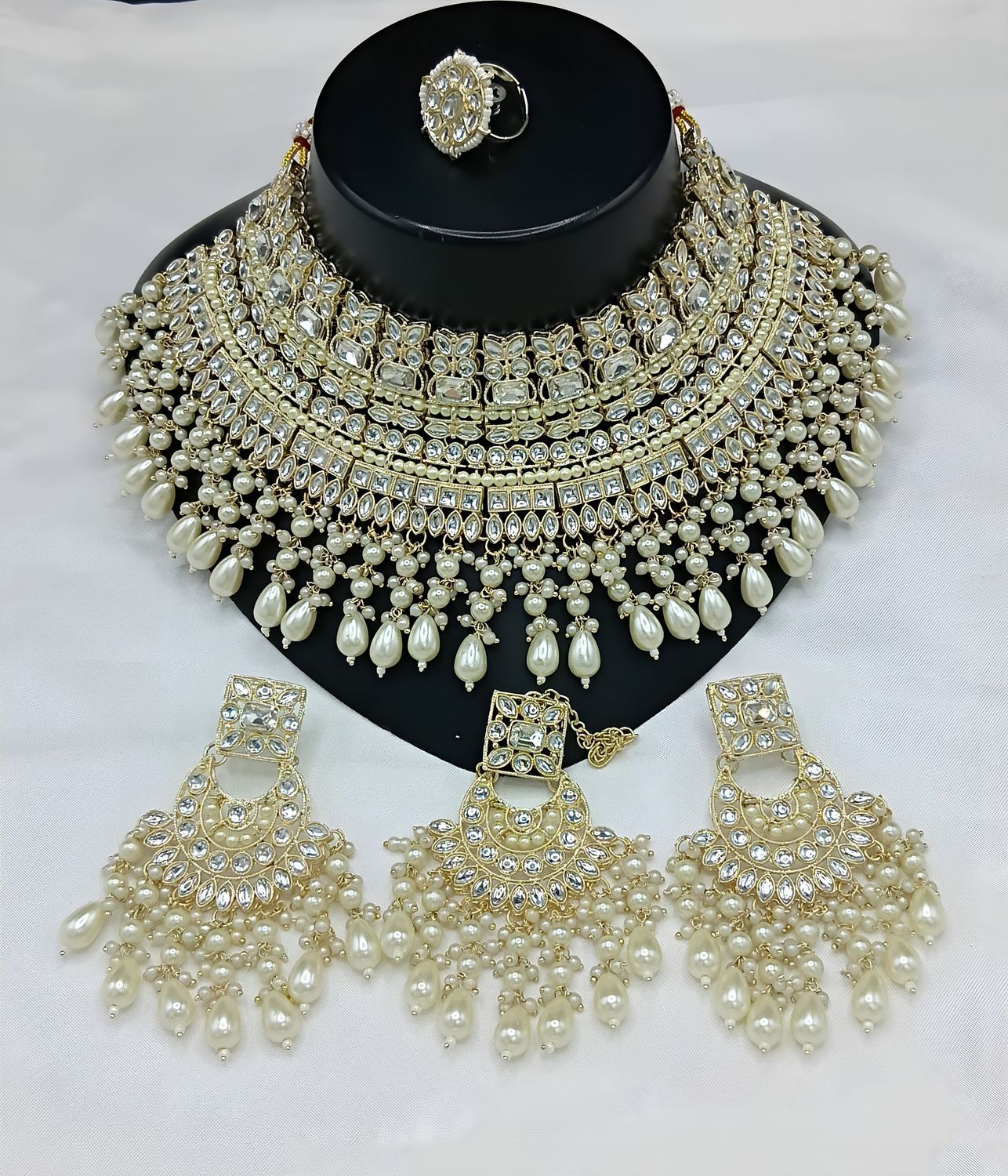 Jewel City Royal Pearl and Crystal Choker Set - Gold-Plated Wedding Jewelry with Earrings and Ring | Grocsy