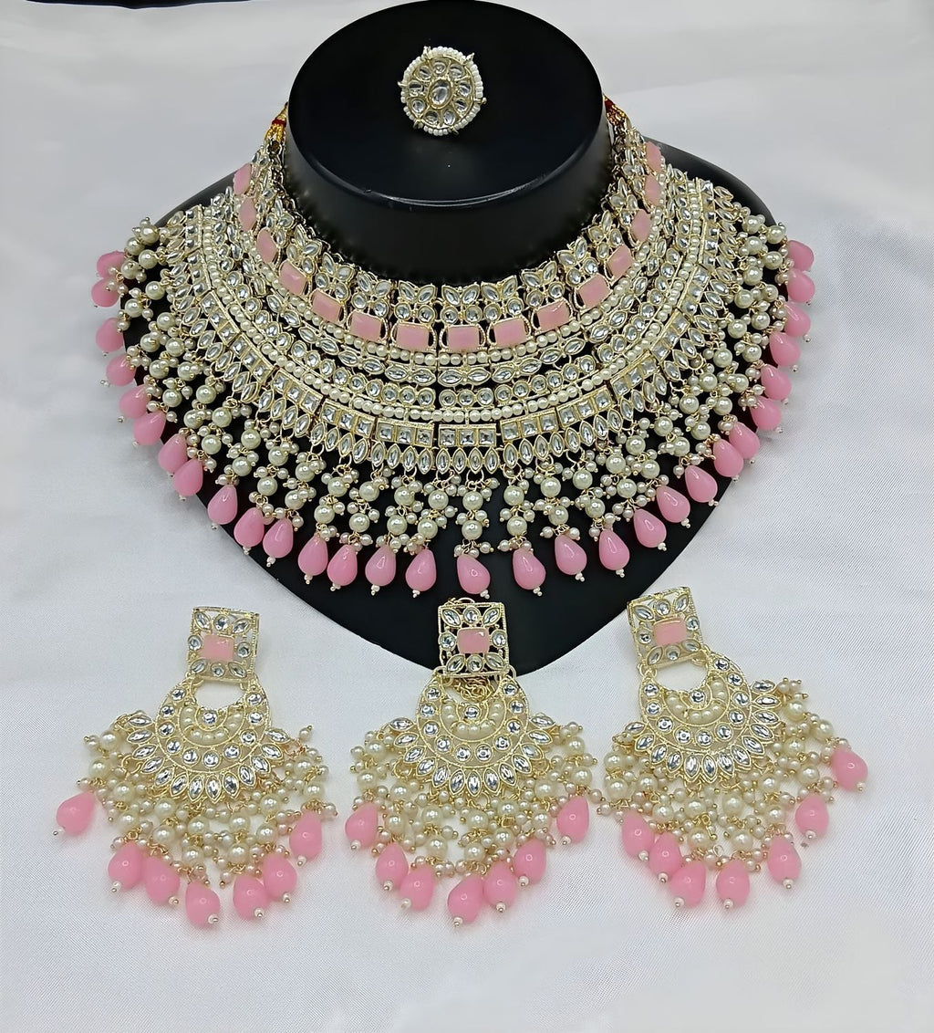 Jewel City Royal Pearl and Crystal Choker Set - Gold-Plated Wedding Jewelry with Earrings and Ring | Grocsy