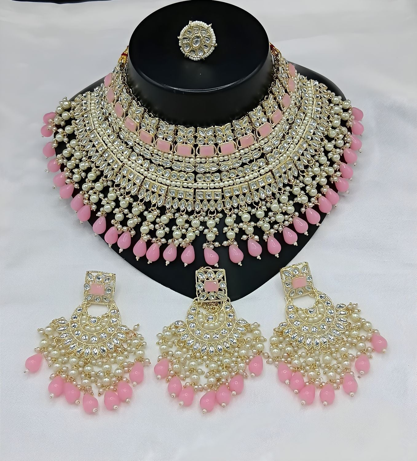 Jewel City Royal Pearl and Crystal Choker Set - Gold-Plated Wedding Jewelry with Earrings and Ring | Grocsy
