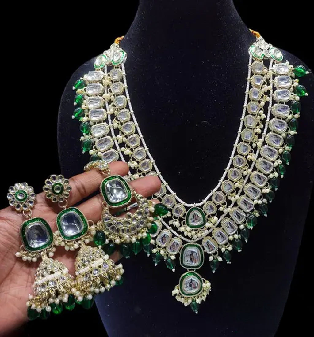 Jewel City Royal Polki Kundan Necklace Set with Green Emerald Accents - Vintage-Inspired Bridal Collection | Grocsy