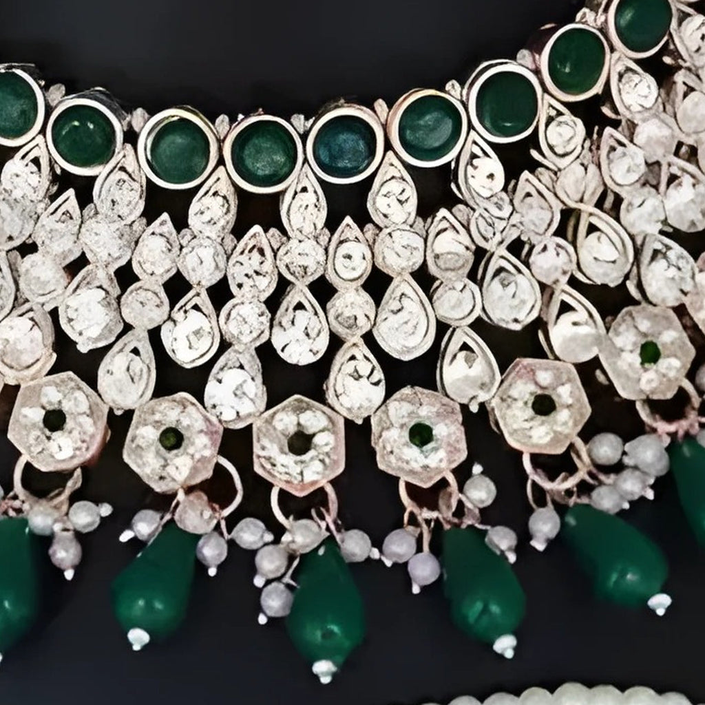 Jewel City Royal Green Kundan & Pearl Bridal Jewelry Set-Luxury Choker Necklace Earrings & Maang Tikka-Ethnic Wedding & Party Wear | Grocsy