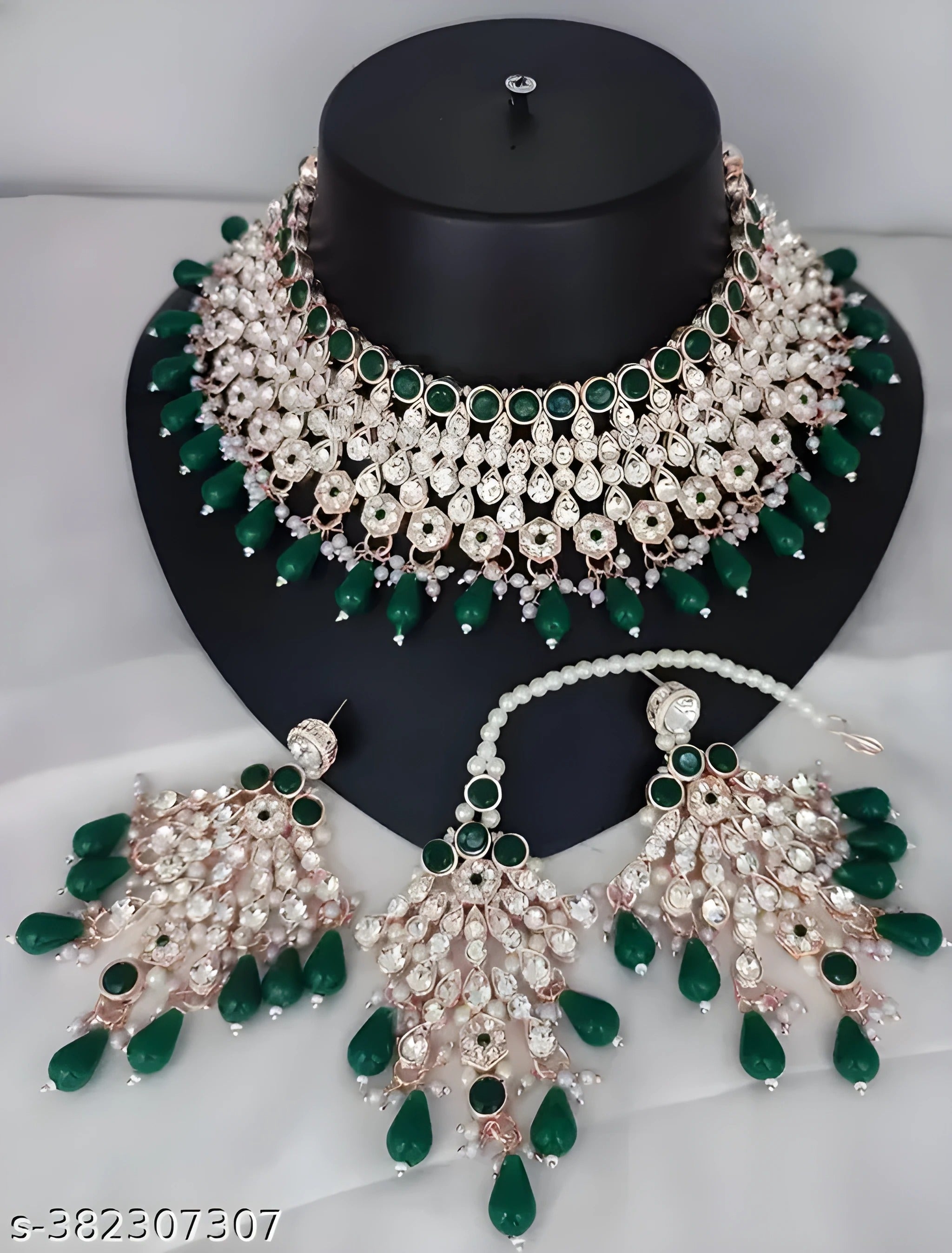 Jewel City Royal Green Kundan & Pearl Bridal Jewelry Set-Luxury Choker Necklace Earrings & Maang Tikka-Ethnic Wedding & Party Wear | Grocsy