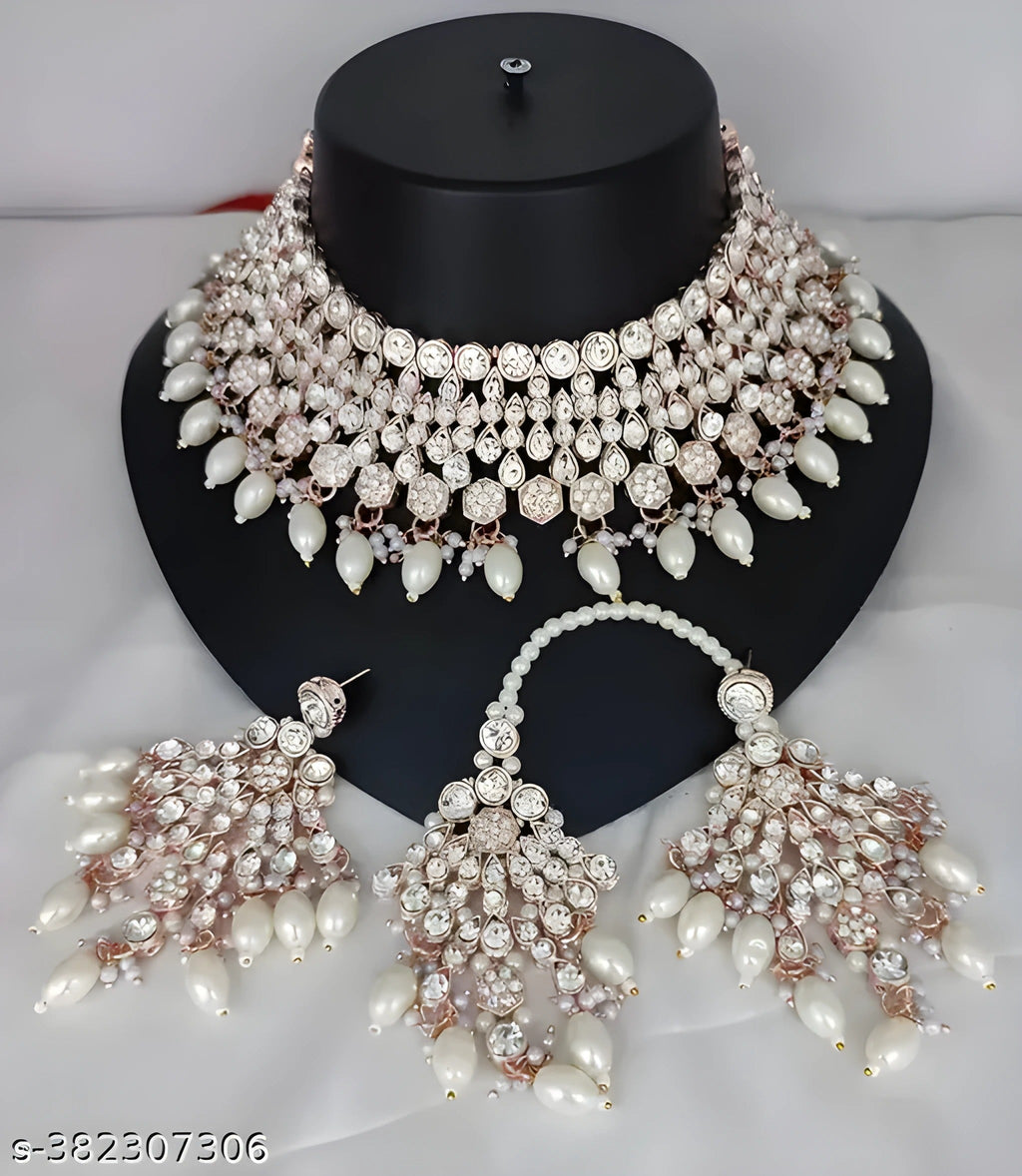 Jewel City Elegant White Kundan & Pearl Bridal Jewelry Set-Luxury Choker Necklace Earrings & Maang Tikka-Ethnic Wedding & Party Wear | Grocsy