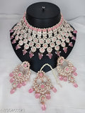 Jewel City Graceful Pink Kundan & Pearl Bridal Jewelry Set-Statement Choker Necklace Earrings & Maang Tikka-Wedding & Festive Wear | Grocsy