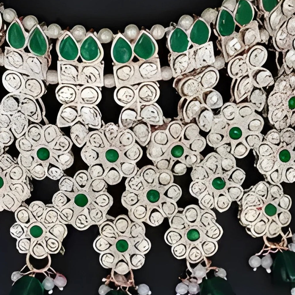 Jewel City Royal Green Kundan & Pearl Bridal Jewelry Set-Statement Choker Necklace Earrings & Maang Tikka-Wedding & Festive Wear | Grocsy
