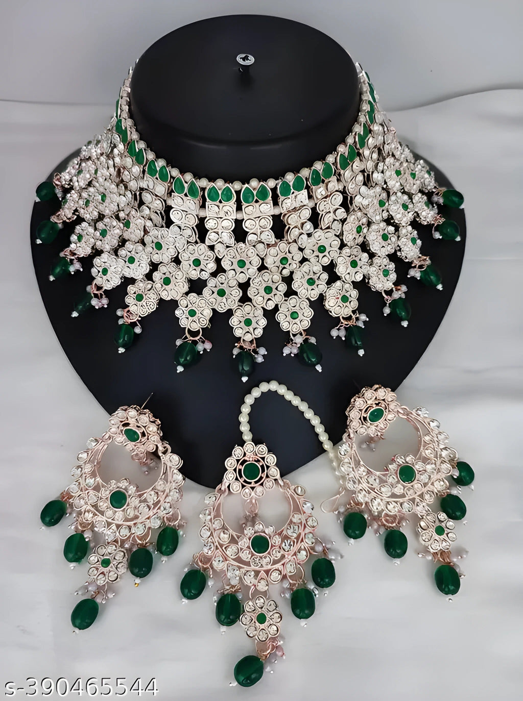 Jewel City Royal Green Kundan & Pearl Bridal Jewelry Set-Statement Choker Necklace Earrings & Maang Tikka-Wedding & Festive Wear | Grocsy