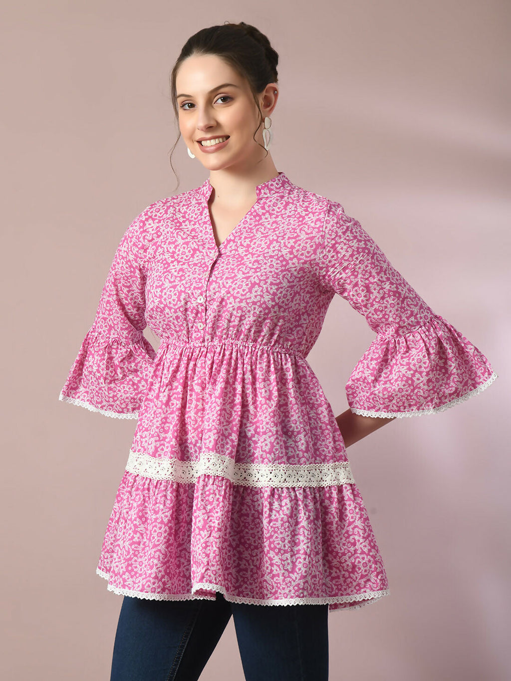 Myshka Women's Pink Embellished Cotton Gathered Party Empire Top | Grocsy