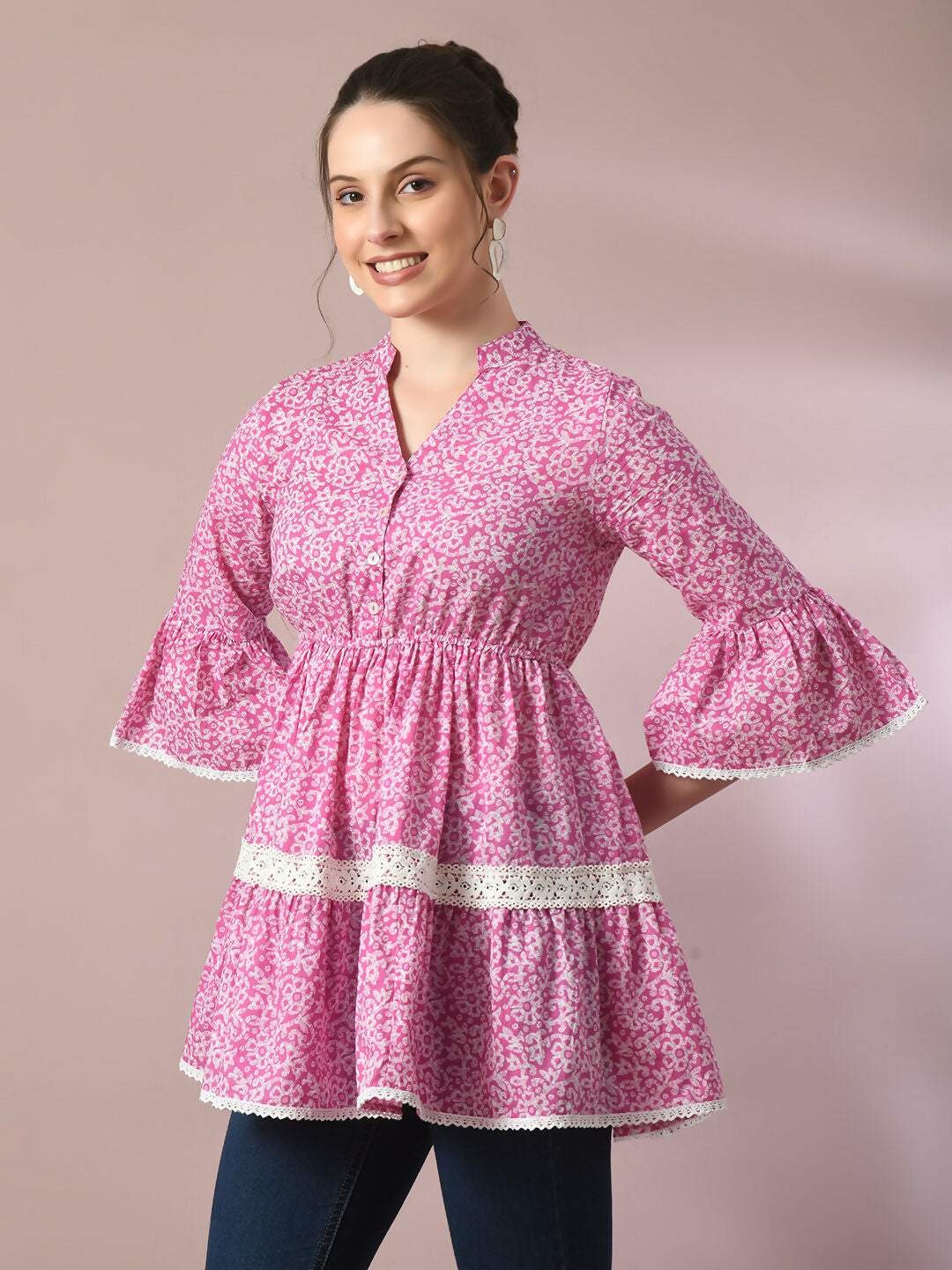 Myshka Women's Pink Embellished Cotton Gathered Party Empire Top | Grocsy