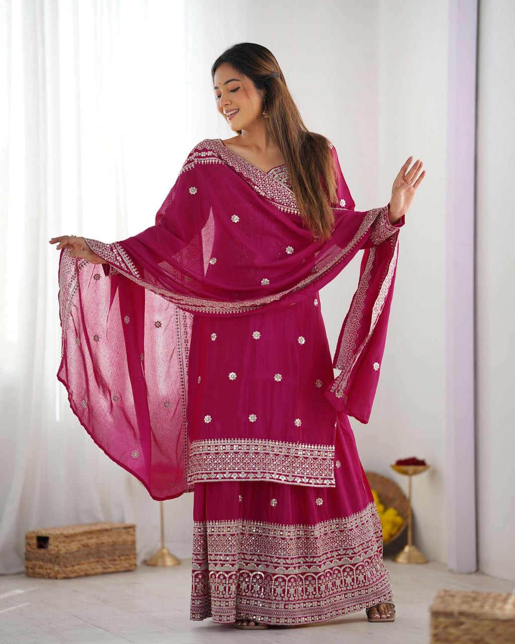 Joban Fashion Pink Kurta Set Silk Sequins , Zari, Coding & Thread Embroidered work | Grocsy