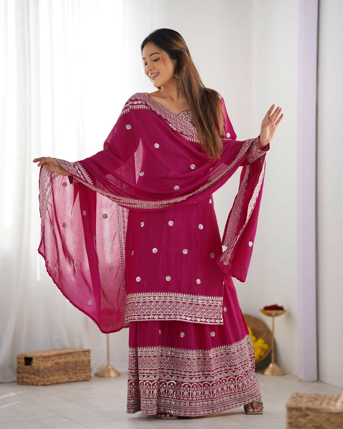 Joban Fashion Pink Kurta Set Silk Sequins , Zari, Coding & Thread Embroidered work | Grocsy