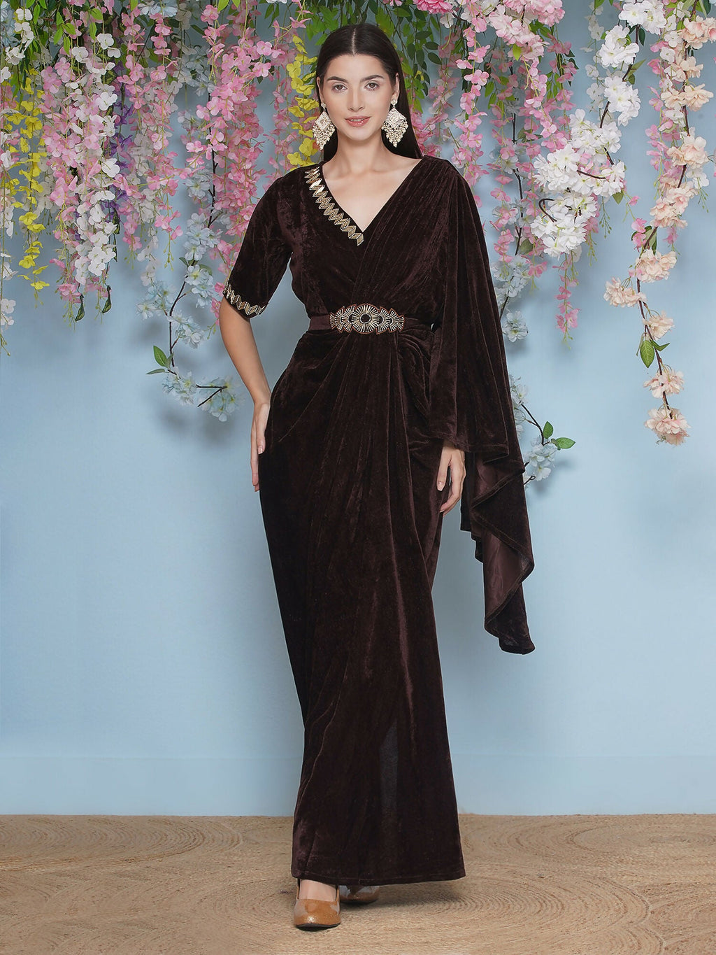 Joban Fashion Brown Hand Embellished Gown With Drape and Belt | Grocsy