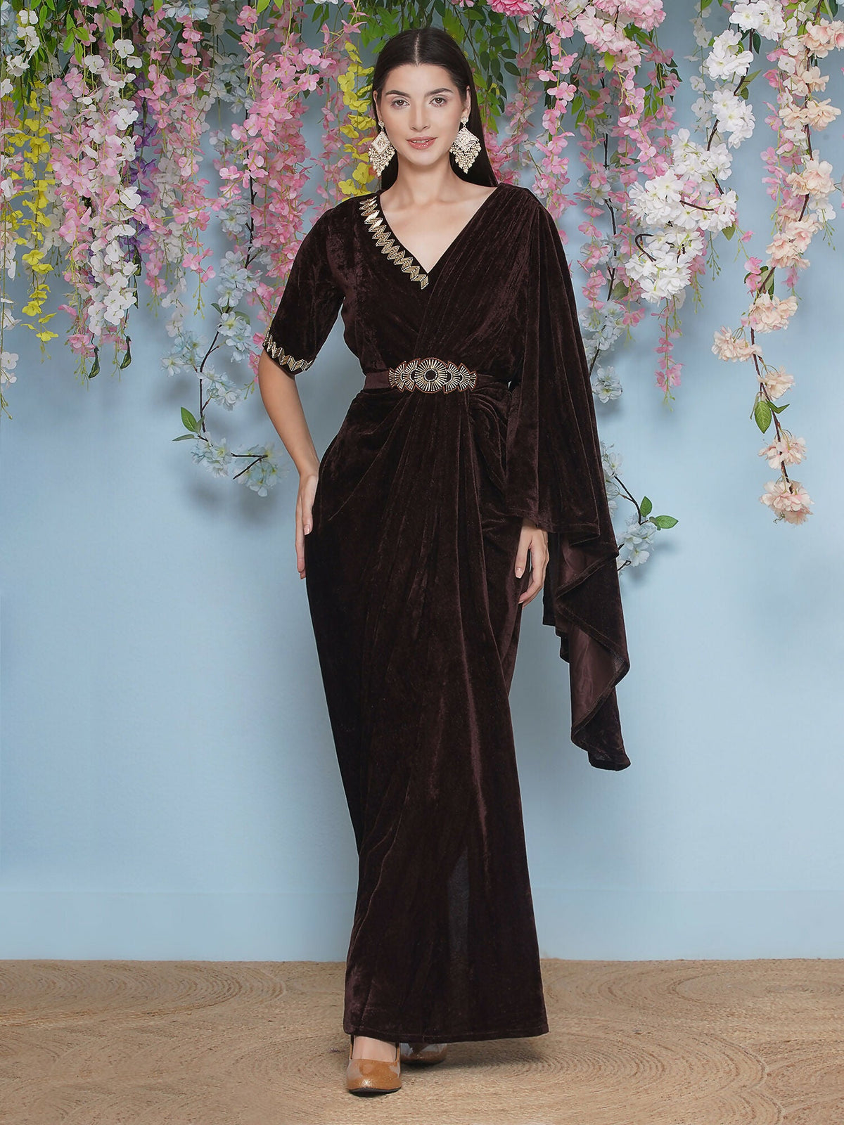 Joban Fashion Brown Hand Embellished Gown With Drape and Belt | Grocsy