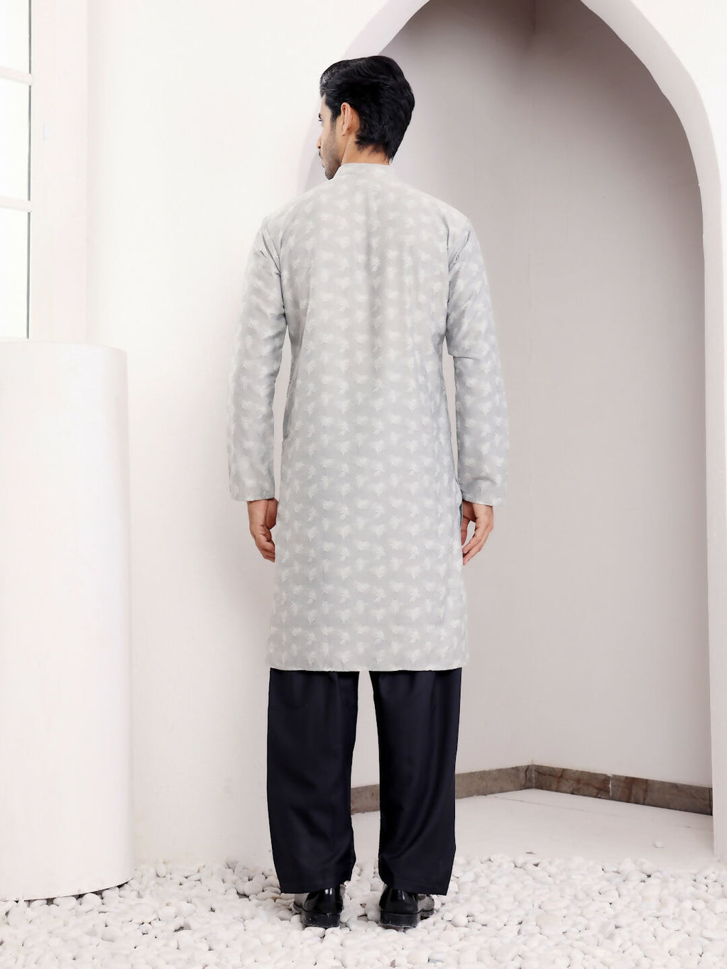 Light Grey Viscose Woven Jacquard Work Men's Kurta - Mahotsav | Grocsy