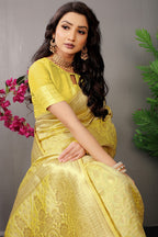 Anaita Cream Woven Design Pure Silk Banarasi Saree With Blouse | Grocsy
