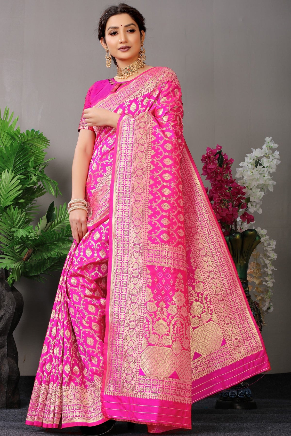 Anaita Pink Woven Design Pure Silk Banarasi Saree With Blouse | Grocsy