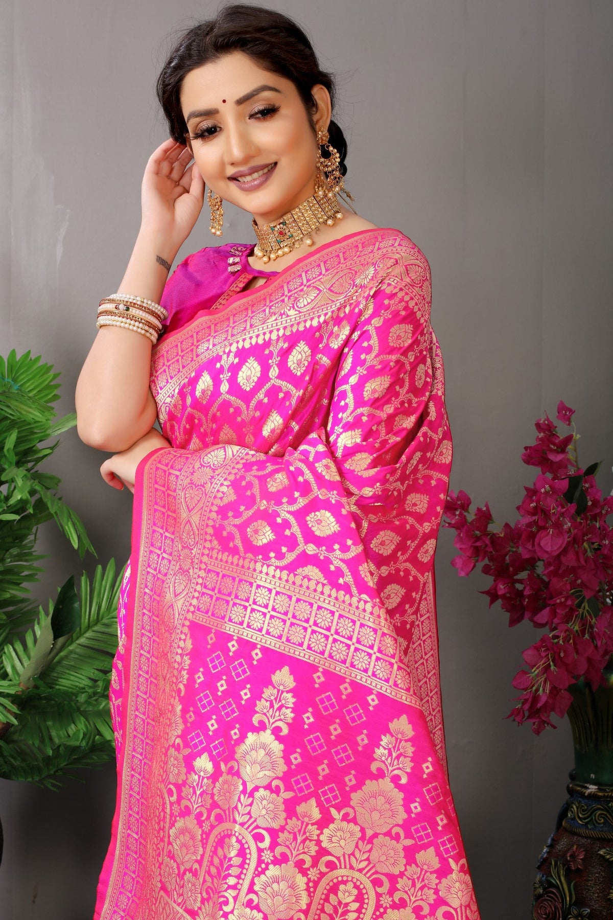 Anaita Pink Woven Design Pure Silk Banarasi Saree With Blouse | Grocsy