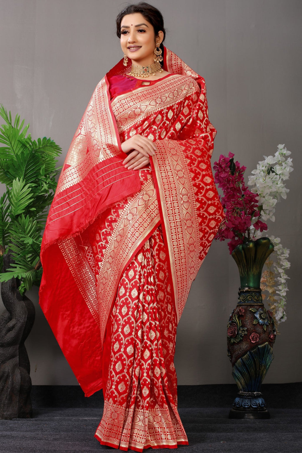 Anaita Red Woven Design Pure Silk Banarasi Saree With Blouse | Grocsy